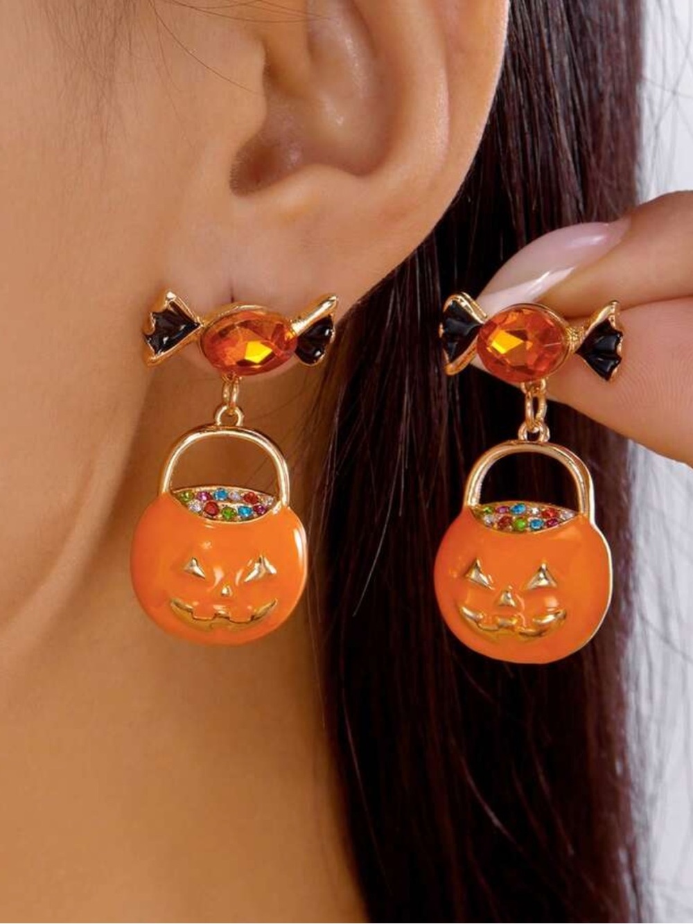 1 Pair Halloween Holiday Candy Pumpkin Basket Drop Earrings,